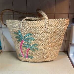 Quaker Factory Woven Straw Tote with Pink & Green Palm Embroidery NWT